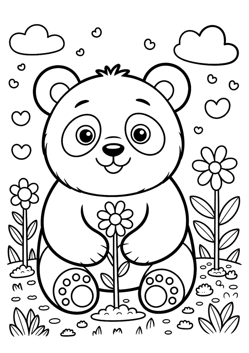 Kleurplaat van een lachende panda die een bloem omhooghoudt, omringd door staande bloemen en hartjes