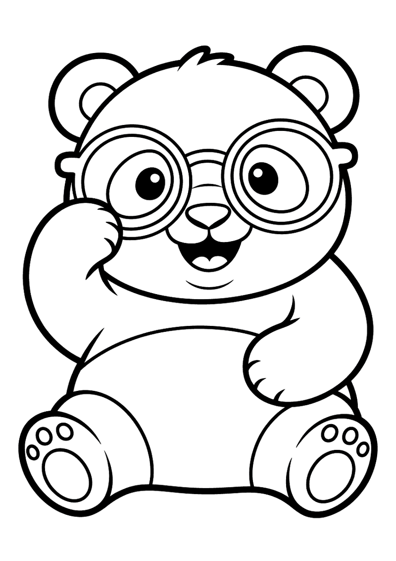 Kleurplaat van een vrolijke panda met grote ronde bril die lacht en zijn poot omhooghoudt terwijl hij naar de bril wijst