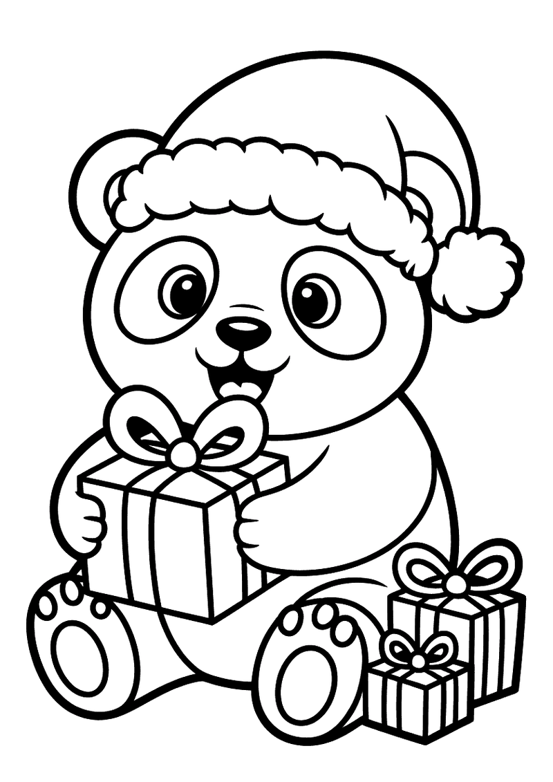 Kleurplaat van een panda met kerstmuts die een cadeau met strik vasthoudt, twee andere cadeaus staan naast hem