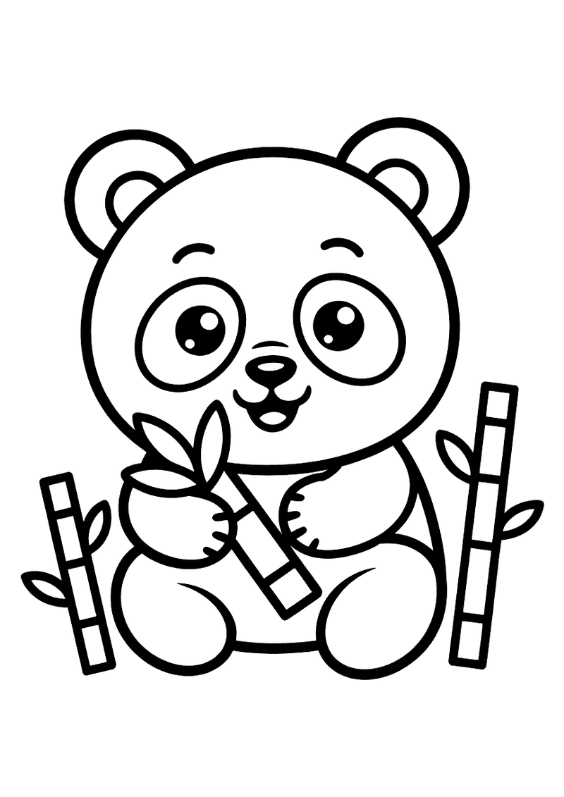 Kleurplaat van een chibi panda met grote ogen die een bamboeplantje vasthoudt, twee bamboestengels aan weerszijden