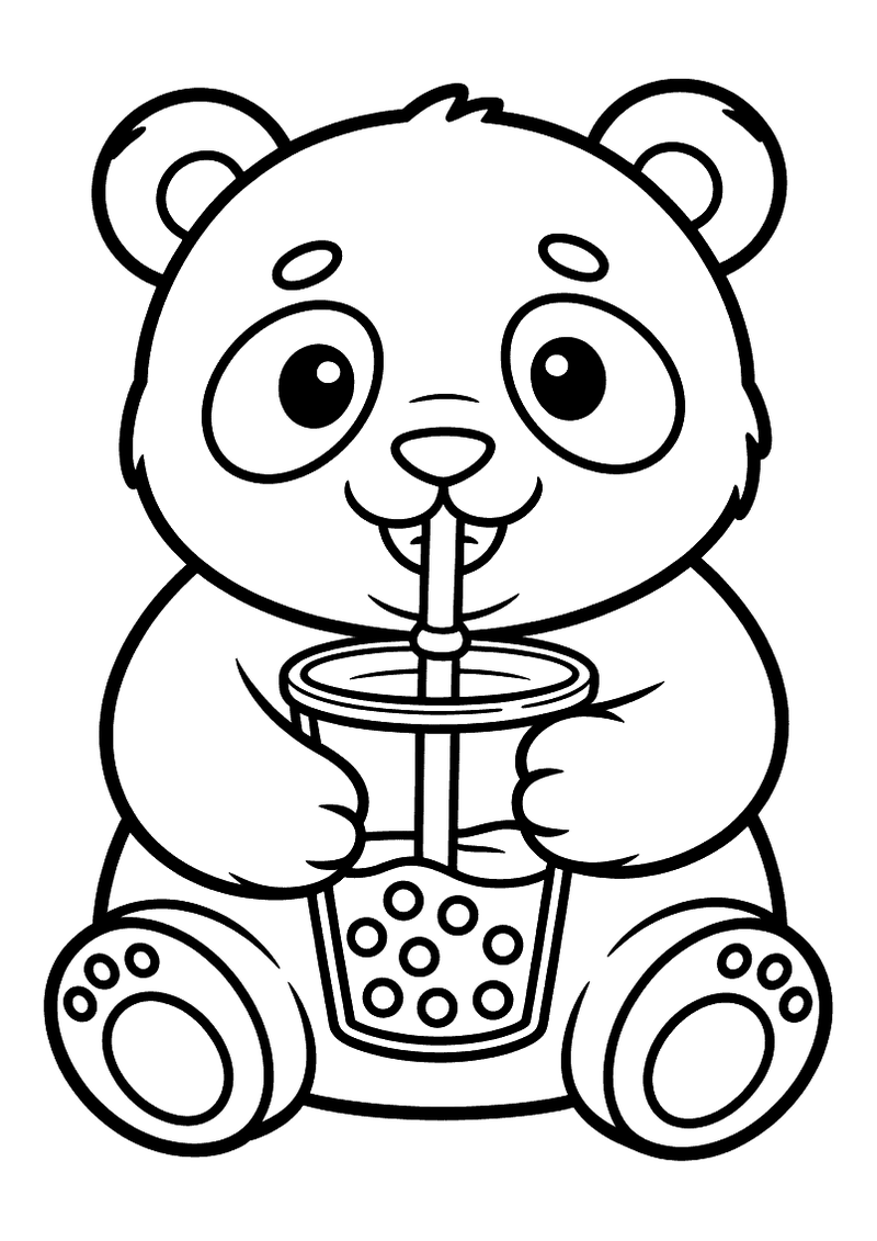 Kleurplaat van een panda die met een rietje uit een glas boba-thee drinkt met parels zichtbaar onderin het glas