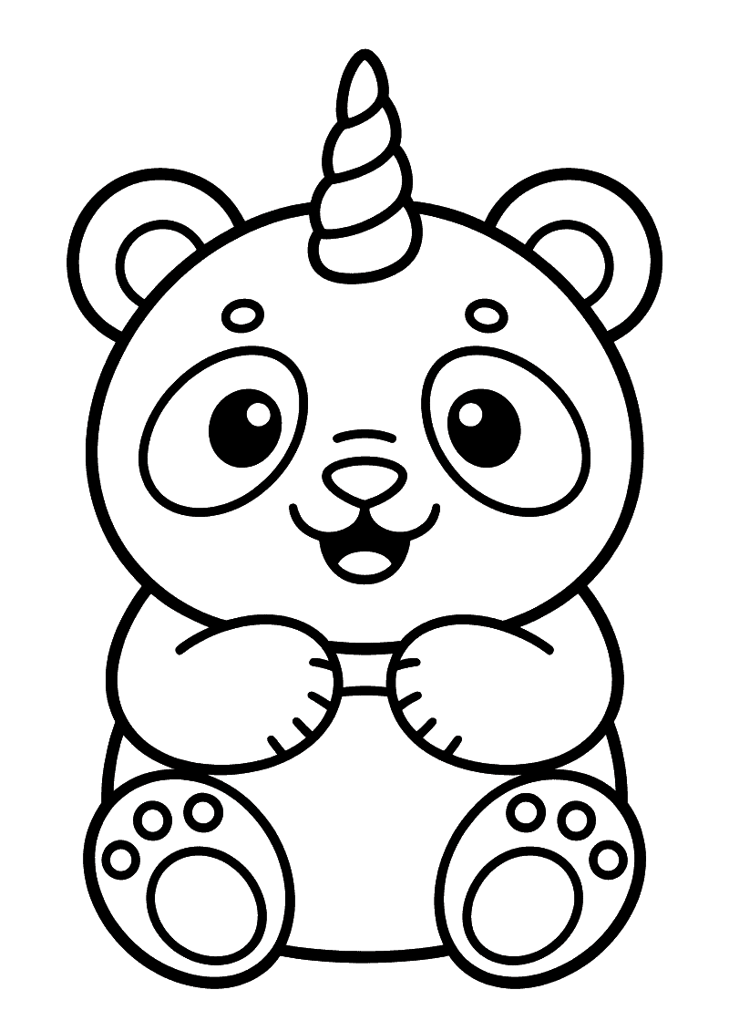 Kleurplaat van een panda met een eenhoornhoorn op zijn hoofd die met grote ogen en open mond vrolijk lacht