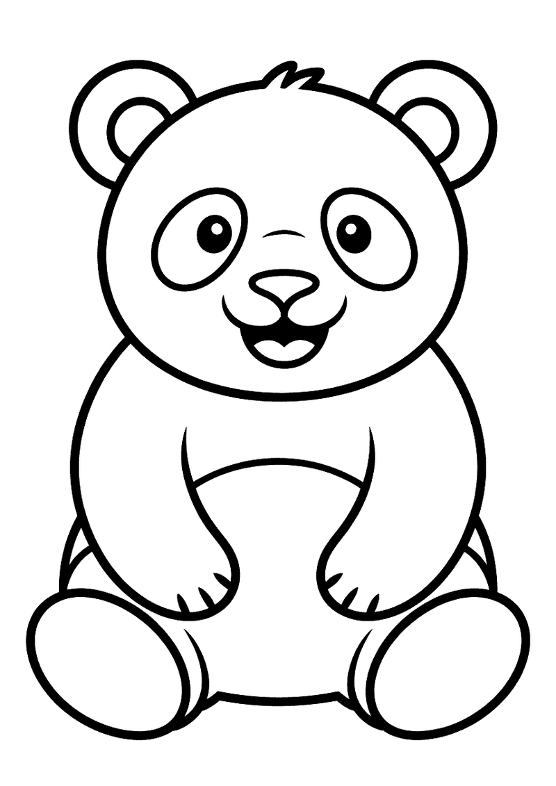 Kleurplaat van een eenvoudige panda met ronde vormen die vriendelijk glimlacht en zwarte vlekken rond de ogen heeft
