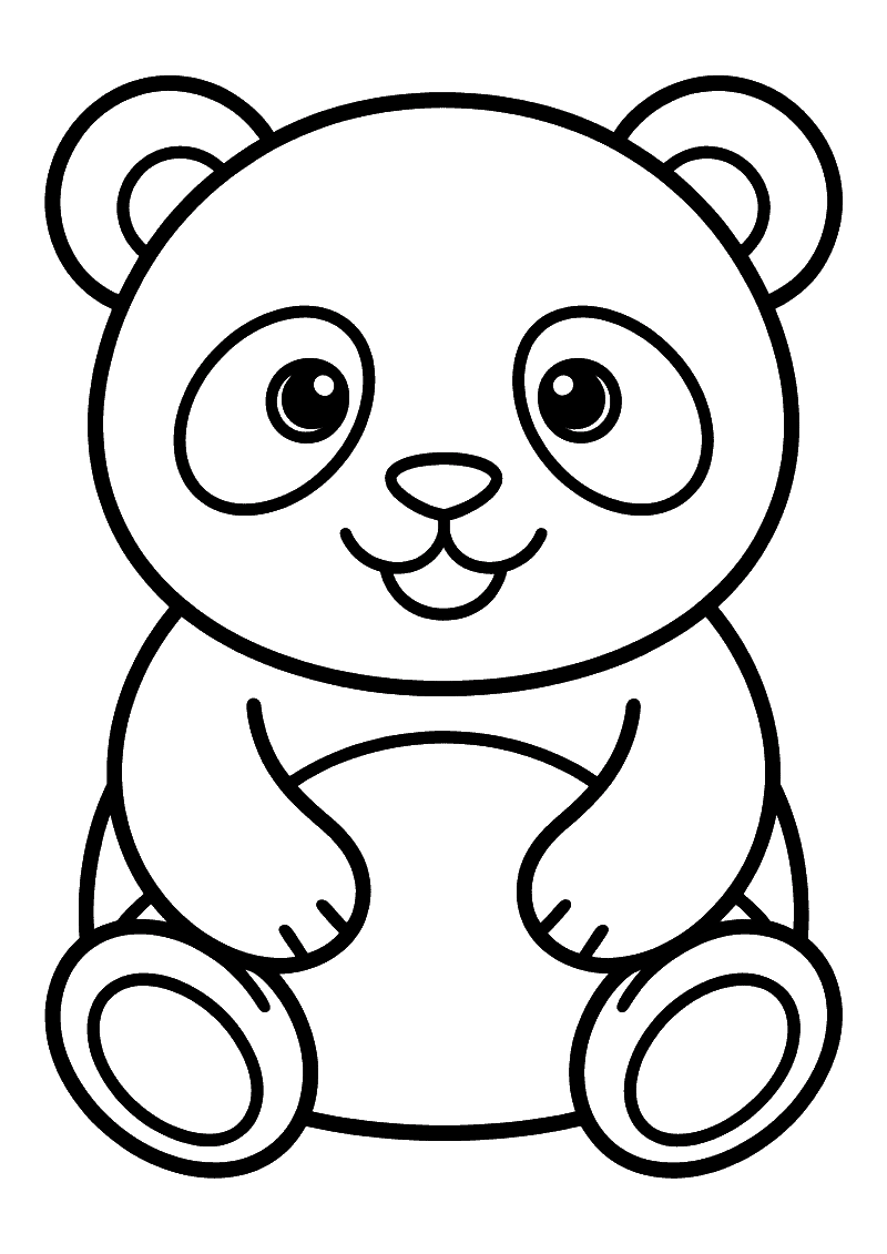 Kleurplaat van een eenvoudige panda met dikke omlijning en ronde lichaamsvorm, zachte uitdrukking, geen achtergrond