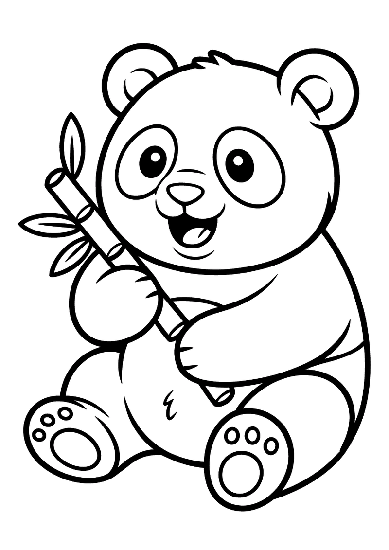 Kleurplaat van een zittende panda die met een brede lach een groene bamboestengel met blaadjes vasthoudt en ervan eet