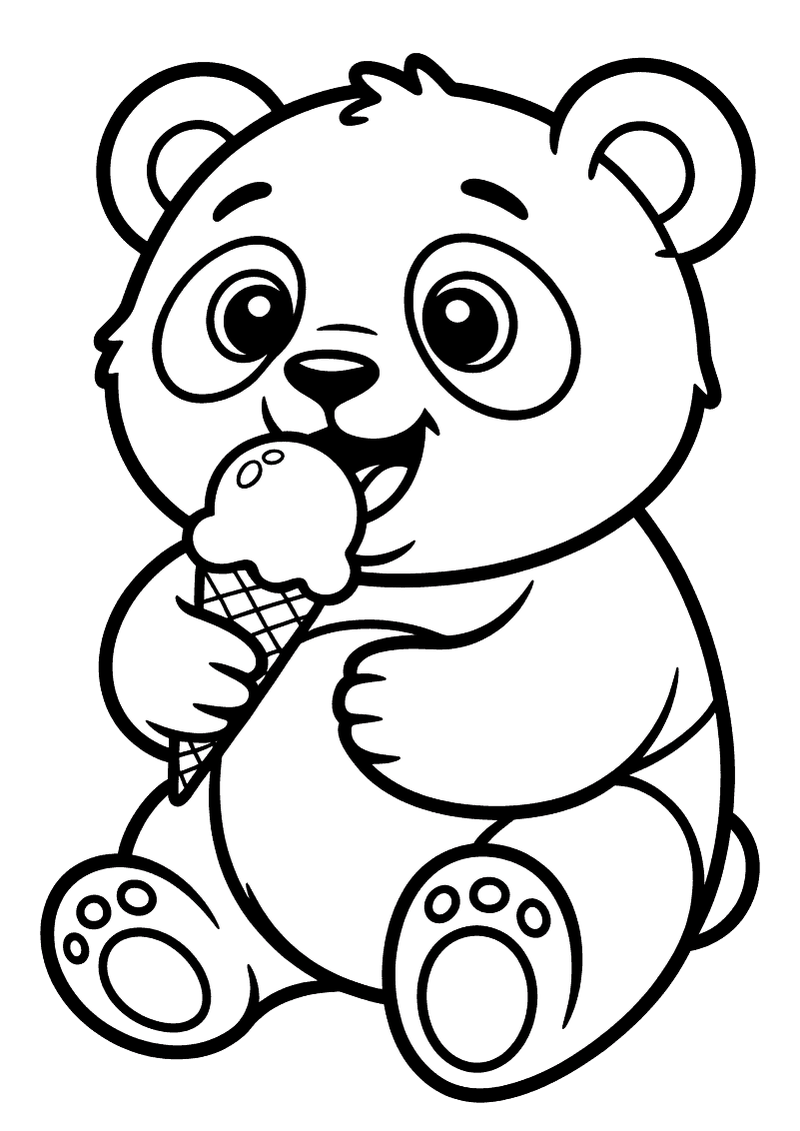 Kleurplaat van een panda die breed lacht en een ijshoorntje met een bolletje ijs vasthoudt en er smakelijk van likt