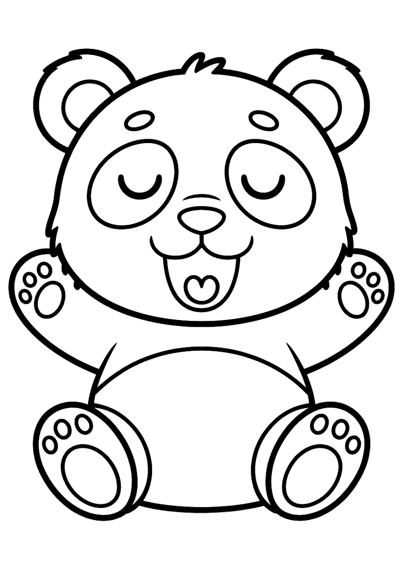 Kleurplaat van een slaperige panda die breed gaapt met gesloten ogen en zijn twee voorpoten omhooggestoken
