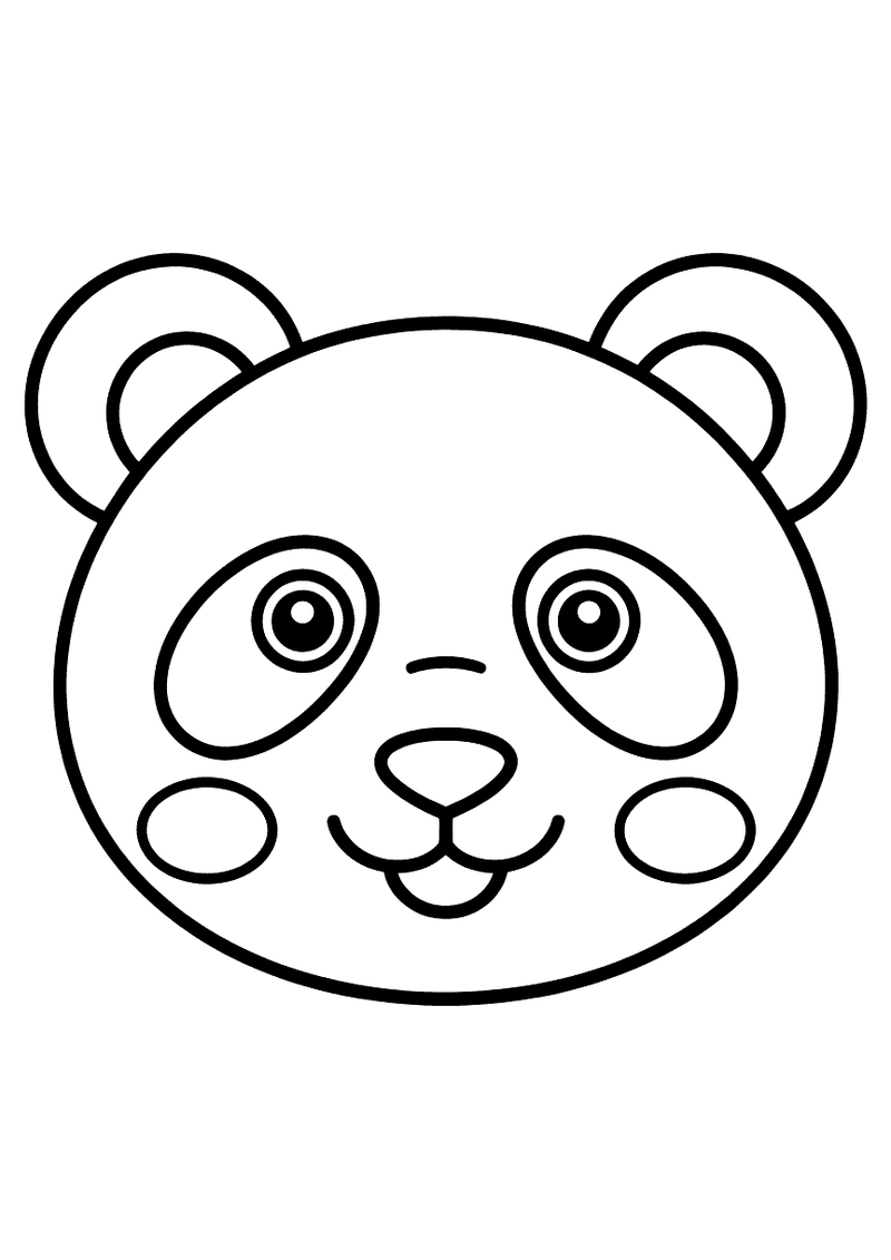 Kleurplaat van een panda gezicht in close-up met ronde oogvlekken, klein neusje en vriendelijke glimlach, geen lichaam