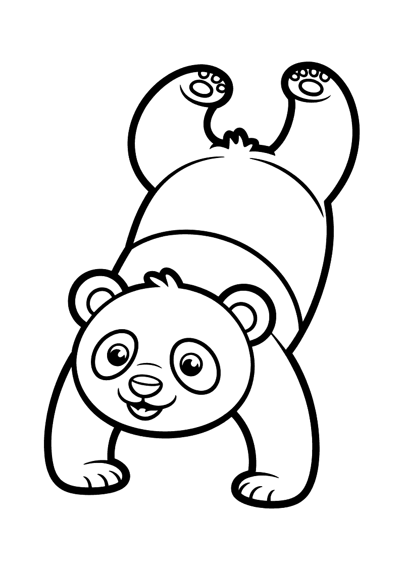 Kleurplaat van een panda die een handstand maakt met beide benen hoog in de lucht, het hoofd naar beneden kijkt en lacht