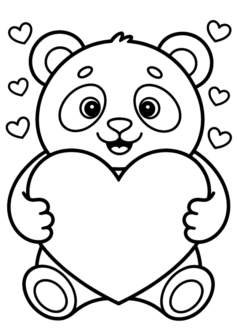 Kleurplaat van een lachende panda die een groot hart omhelst met beide voorpoten, kleine hartjes zweven rondom hem