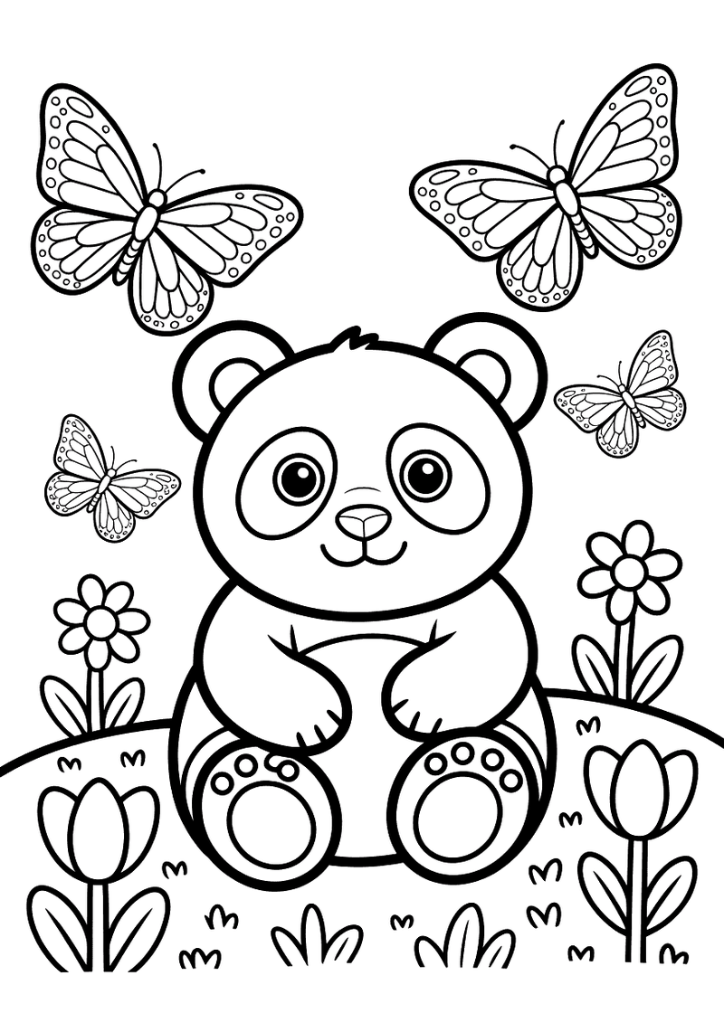 Kleurplaat van een panda in een bloementuin met drie vlinders die om hem heen vliegen en bloemen op de grond