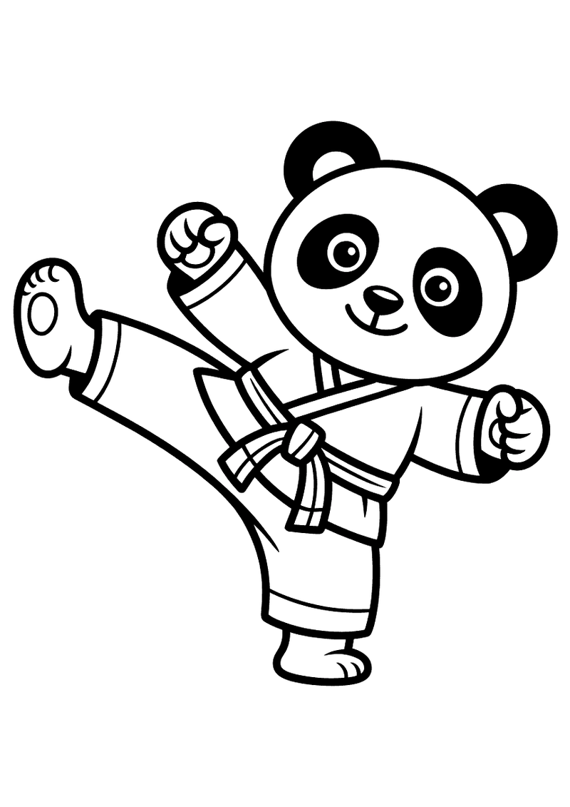 Kleurplaat van een panda in wit karatepack die een hoge zijwaartse schop uitvoert met gebalde vuisten