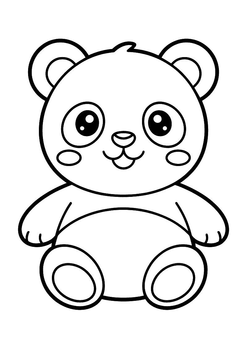 Kleurplaat van een kawaii panda met grote ogen, blossende wangetjes en een vriendelijke lach in schattige stijl