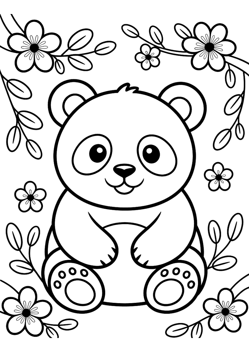 Kleurplaat van een panda omringd door kersenbloesemtakken, bloemblaadjes hangen aan de takken rondom hem