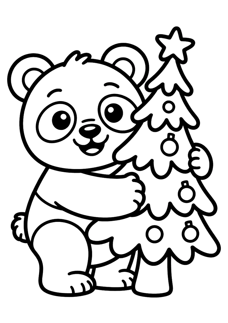 Kleurplaat van een panda die een versierde kerstboom met kerstballen en een ster omarmt
