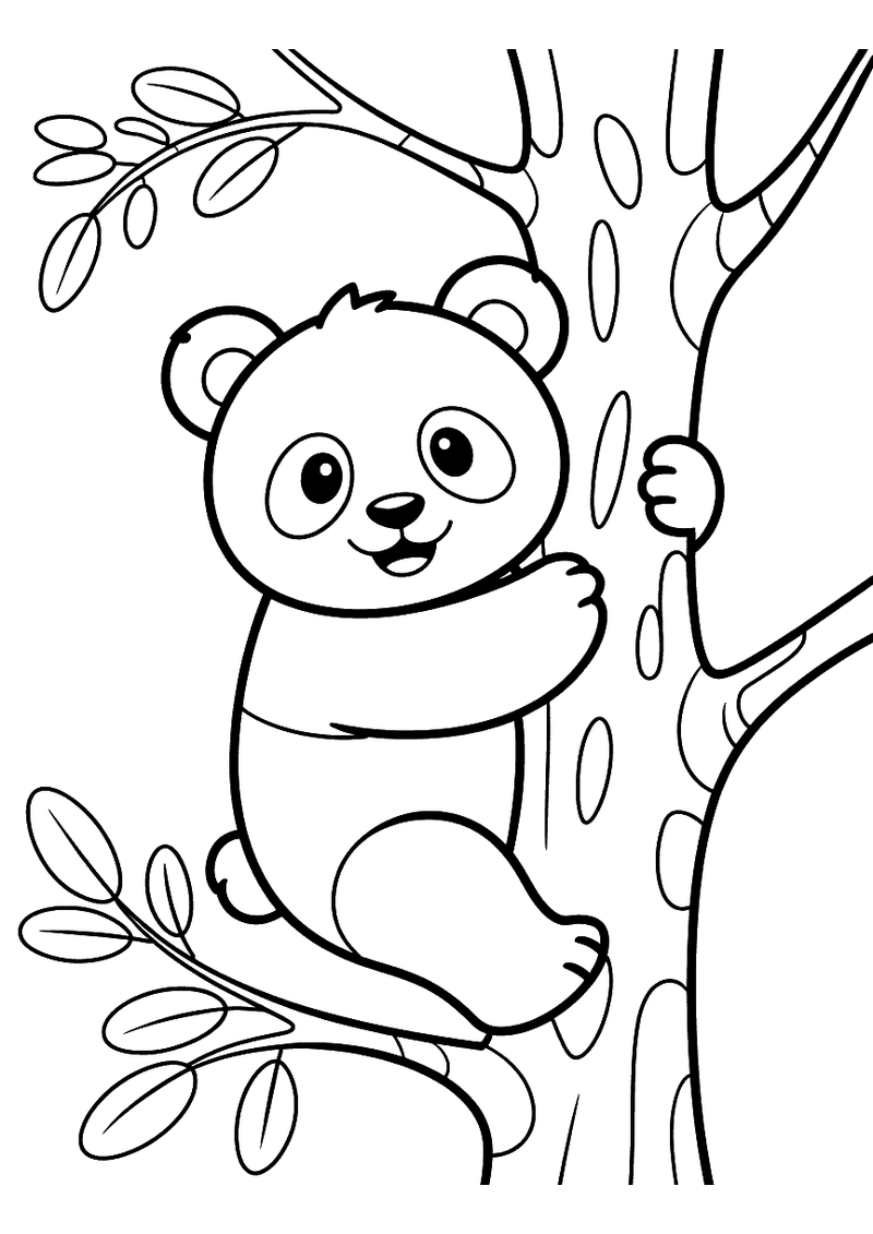Kleurplaat van een panda die omhoog klimt langs een dikke boomstam met zijn armen om de stam en bladeren op de takken