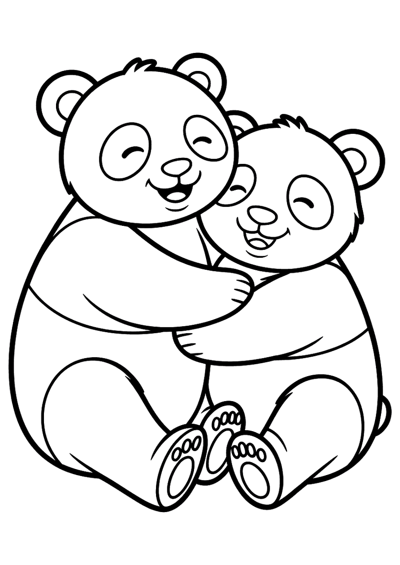 Kleurplaat van een grote panda en een kleine panda die elkaar stevig omarmen met gesloten ogen en tevreden uitdrukkingen