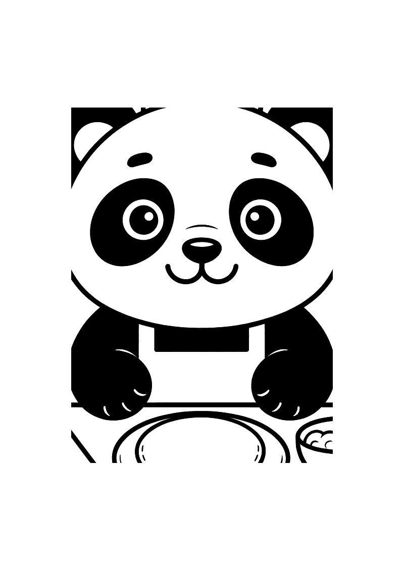 Kleurplaat van een panda in wit schort voor een leeg bord met een kom ernaast, klaar om te koken