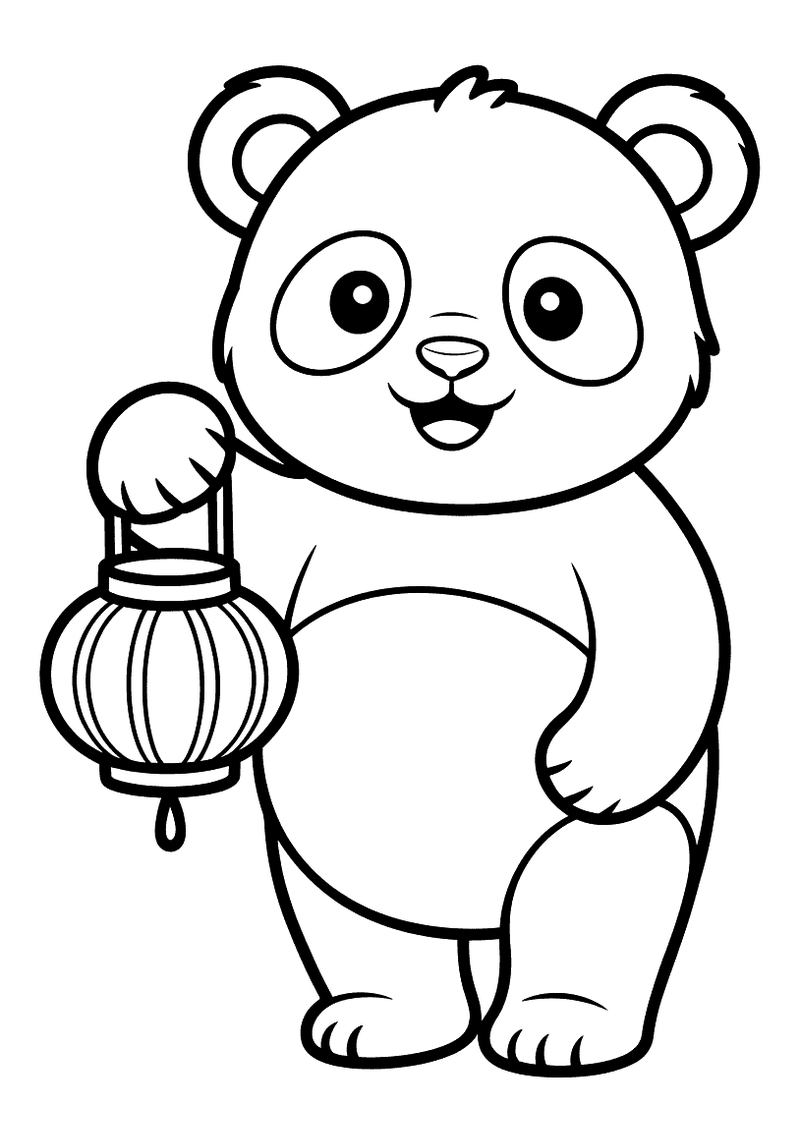 Kleurplaat van een panda die rechtop loopt en een Chinese lantaarn met ribbels en een kwastje in zijn poot draagt
