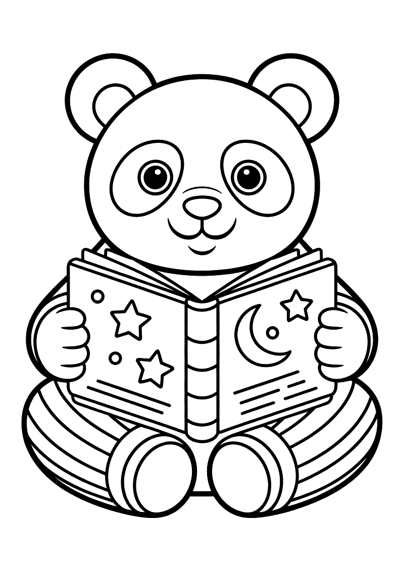 Kleurplaat van een panda op een gestreept kussen die een boek vasthoudt met sterren en een maan op het omslag