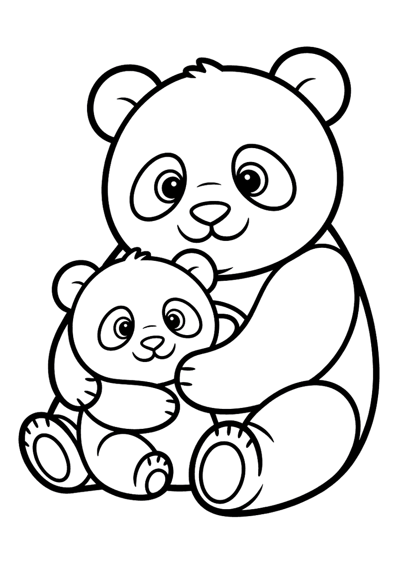 Kleurplaat van een mama panda die een baby panda stevig vasthoudt en knuffelt, beide kijken tevreden vooruit