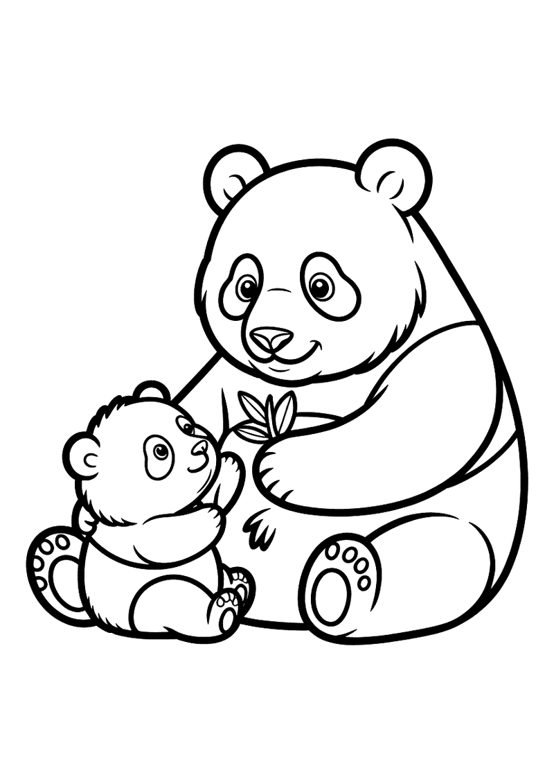 Kleurplaat van een mama panda die naast haar baby zit en hem een bamboescheut aanreikt, de baby kijkt omhoog