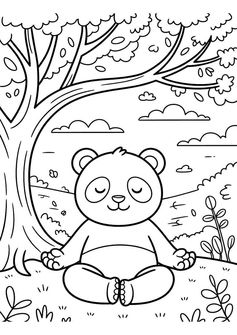 Kleurplaat van een panda in kleermakerszit die mediteert onder een boom met vallende bladeren en planten
