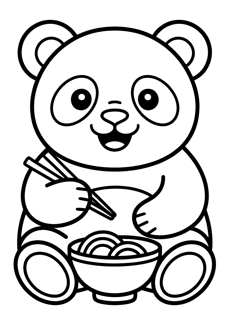 Kleurplaat van een panda die met eetstokjes in een kom met noedels roert en glimlacht, de kom staat voor zijn buik
