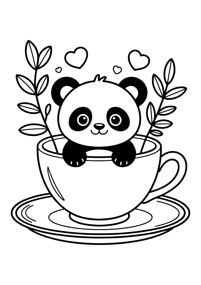 Kleurplaat van een panda in een groot theekopje op een schotel, bladtakjes aan weerszijden en hartjes erboven