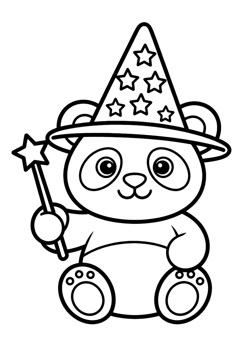 Kleurplaat van een panda die een puntige tovenaarshoofddeksel met sterren draagt en een toverstaf met ster vasthoudt