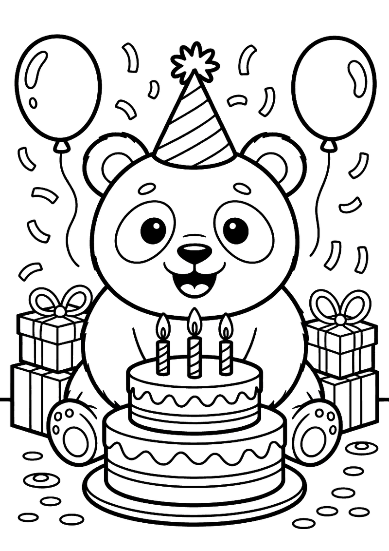 Kleurplaat van een panda met feesthoedje achter een verjaardagstaart met kaarsen, omringd door ballonnen en cadeaus