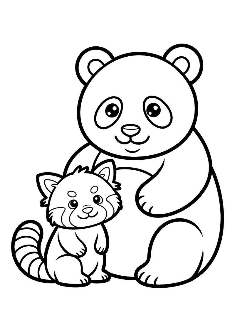 Kleurplaat van een grote panda naast een rode panda, de panda legt zijn arm om zijn vriend en ze kijken vrolijk