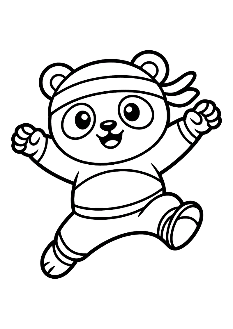 Kleurplaat van een vrolijke panda in ninja-outfit met hoofdband die springt en zijn vuisten heft