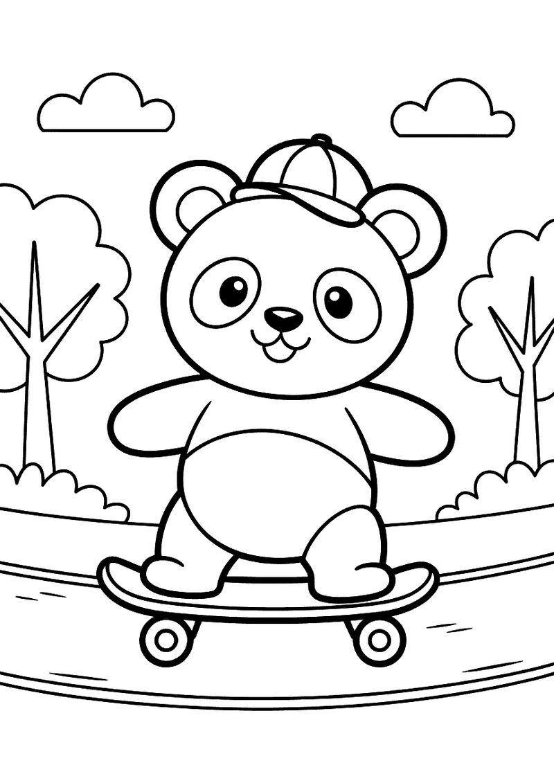 Kleurplaat van een panda met pet die op een skateboard rijdt in een park met bomen en wolken op de achtergrond