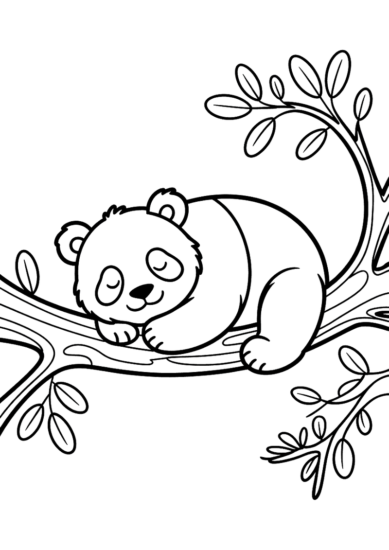 Kleurplaat van een panda die met gesloten ogen ligt te slapen op een brede boomtak met groene bladeren