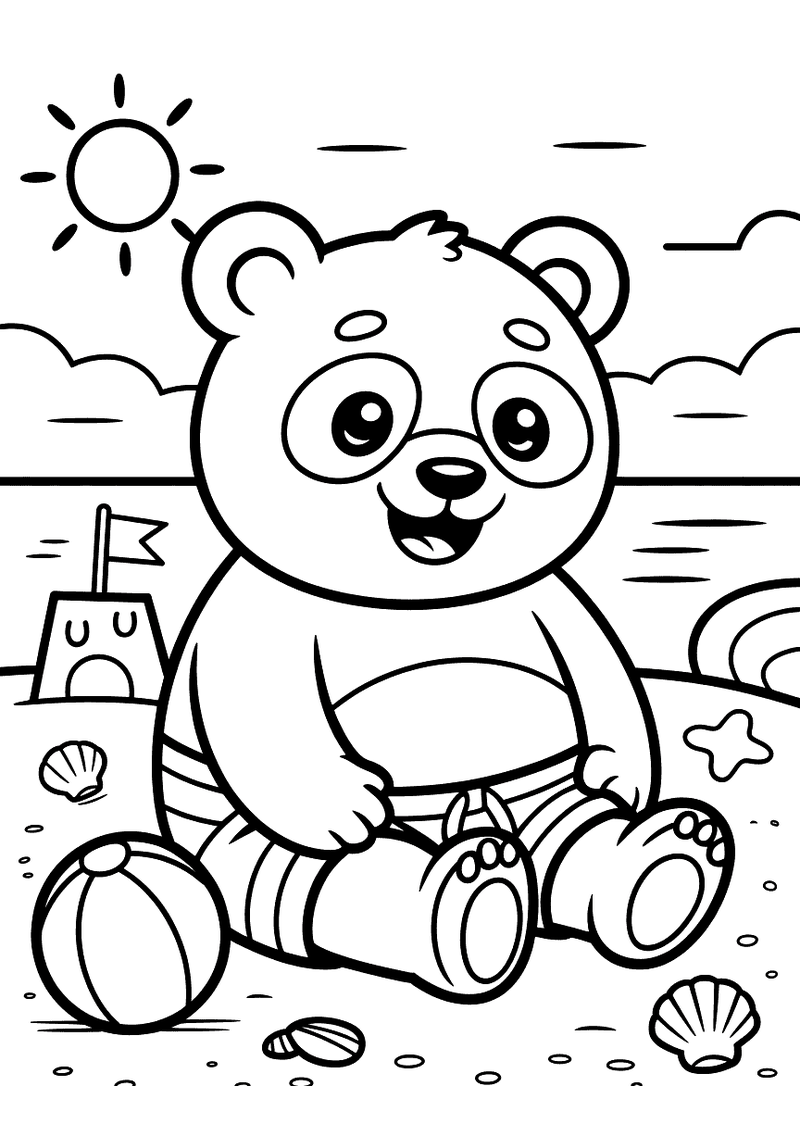 Kleurplaat van een panda in zwembroek op het strand met een strandbal, schelpen en een zandkasteel op de achtergrond