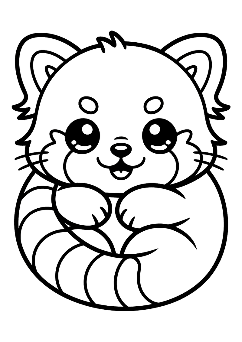 Kleurplaat van een opgekrulde kawaii rode panda met grote ogen die zijn gestreepte staart om zijn lichaam wikkelt.