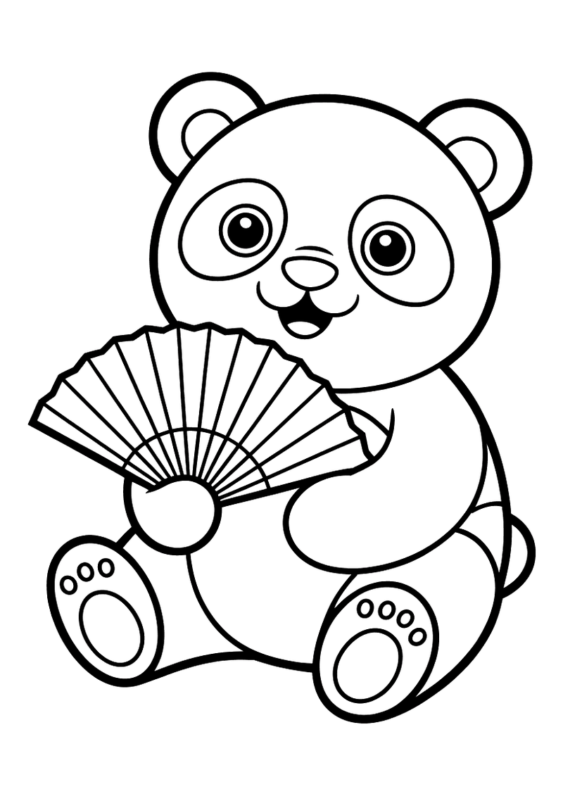 Kleurplaat van een zittende panda die lachend een grote gevouwen papieren waaier voor zich houdt