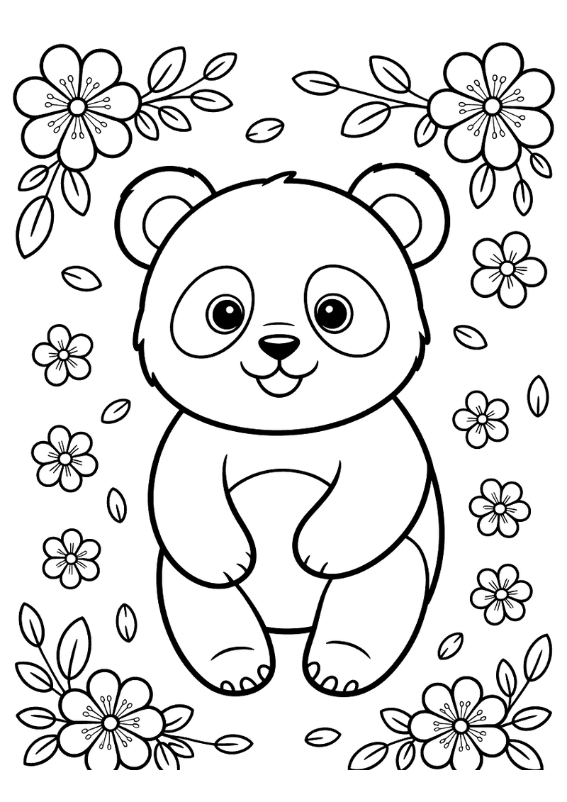 Kleurplaat van een kleine panda die frontaal staat te kijken, omgeven door grote bloeiende bloemen en vallende bloemblaa