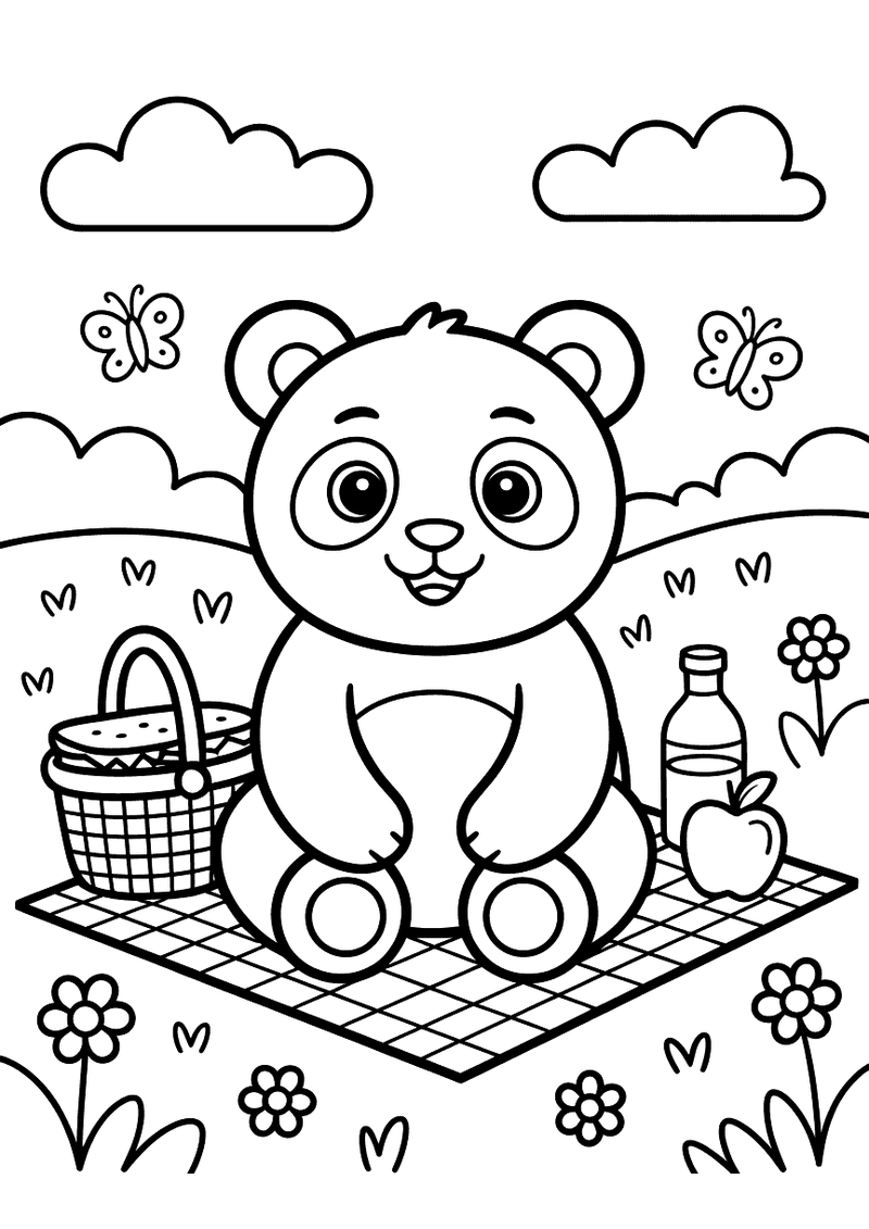 Kleurplaat van een panda die op een geruite picknickdeken zit naast een mand, een appel en een flesje, met bloemen en vl