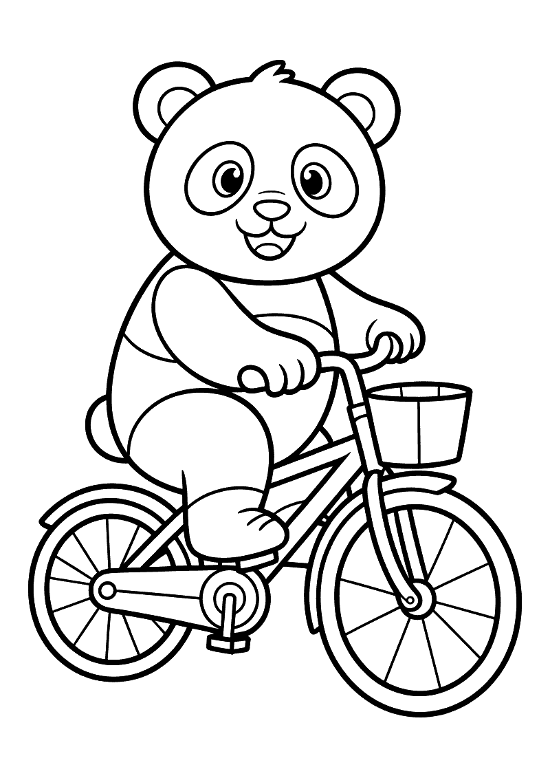 Kleurplaat van een panda die lachend op een fiets rijdt met een mandje aan het stuur