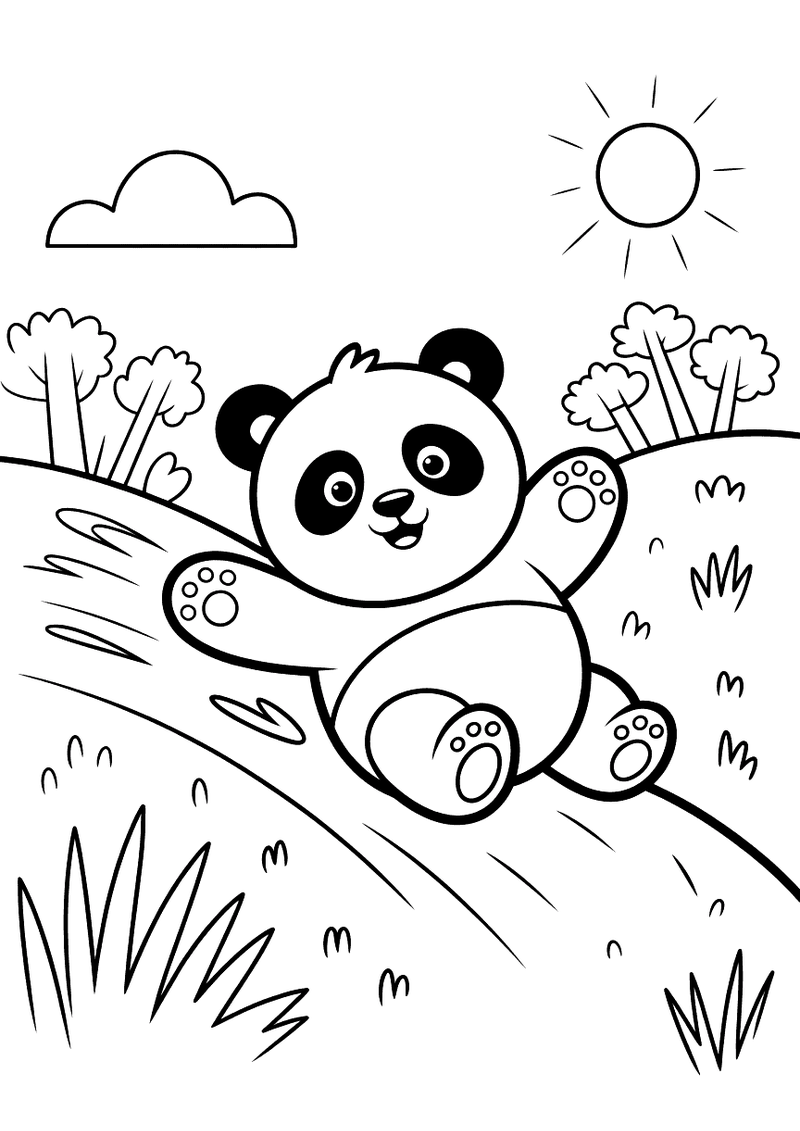 Kleurplaat van een panda die lachend van een groene heuvel afrolt met armen en benen omhoog, zon en wolken op de achterg