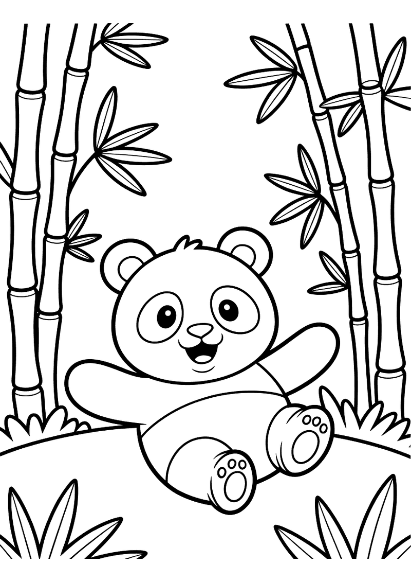 Kleurplaat van een panda die achterover rolt tussen hoge bamboestengels, met zijn poten vrolijk in de lucht gestoken