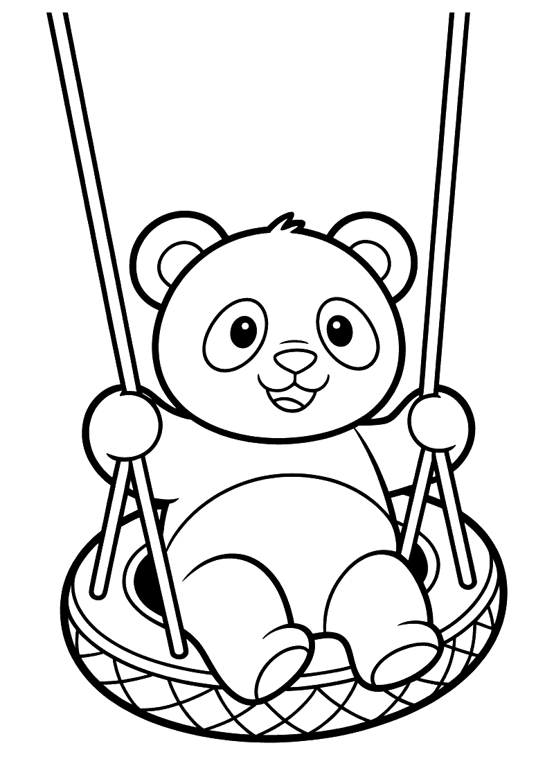 Kleurplaat van een panda die lachend zit in een ronde touwschommel die aan touwen hangt
