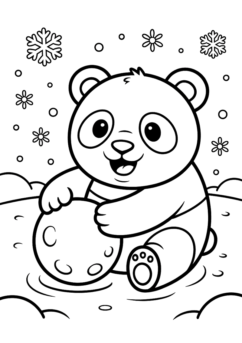 Kleurplaat van een panda die lachend in de sneeuw zit met een grote sneeuwbal in zijn poten, sneeuwvlokken in de lucht