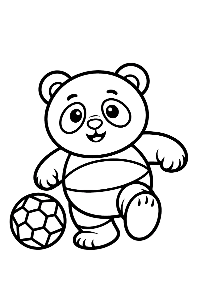 Kleurplaat van een panda die loopt met een voetbal naast zijn poot en klaar staat om te schieten