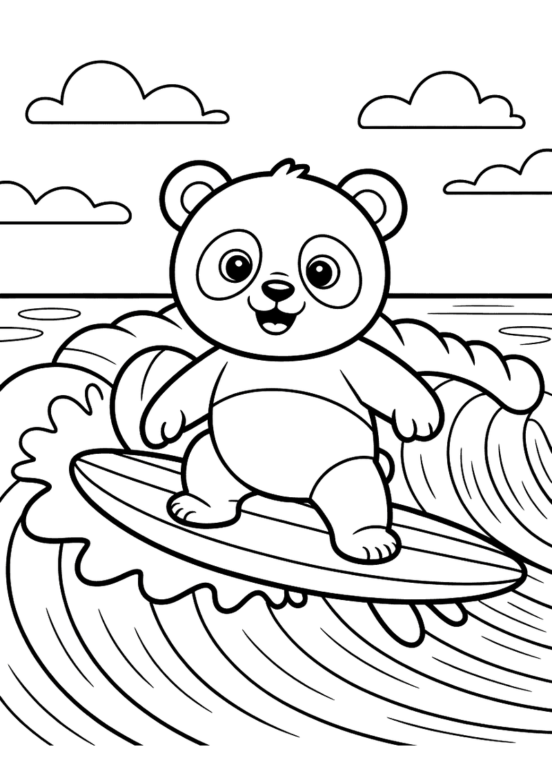 Kleurplaat van een panda die lachend op een surfplank rijdt over een grote golf met wolken en zee op de achtergrond