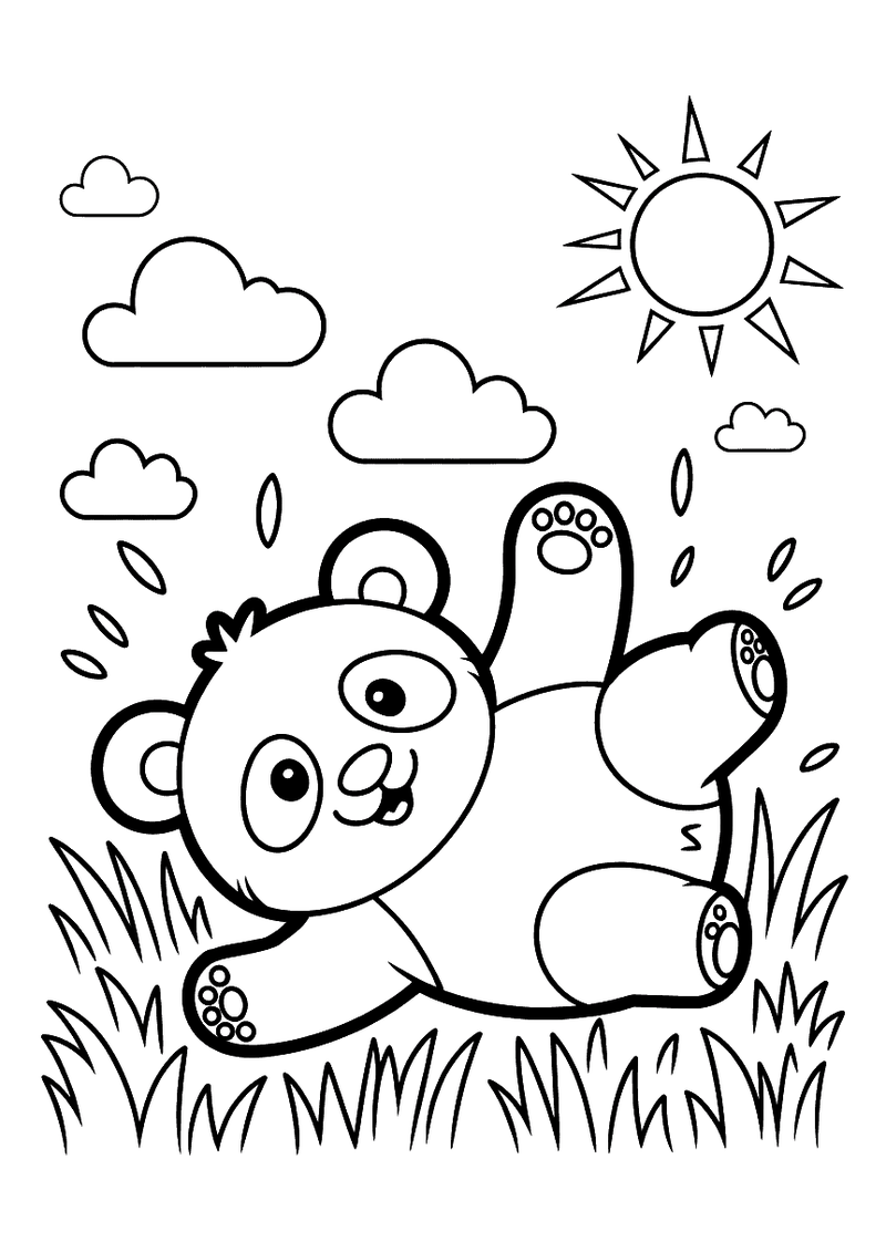 Kleurplaat van een panda die lachend op zijn rug in het gras tuit met pootjes omhoog, zon en wolken erboven