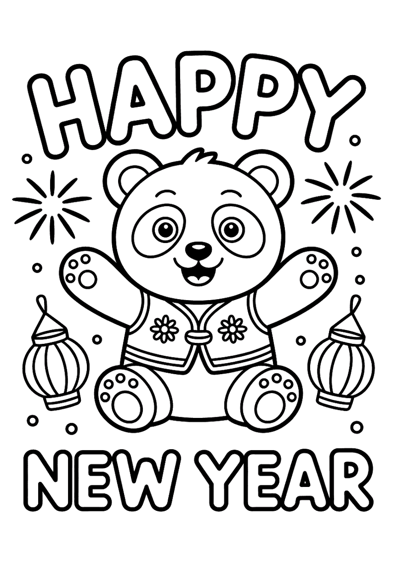 Kleurplaat van een panda in feestkleding die twee rode lantaarns vasthoudt met vuurwerk op de achtergrond en de tekst Ha