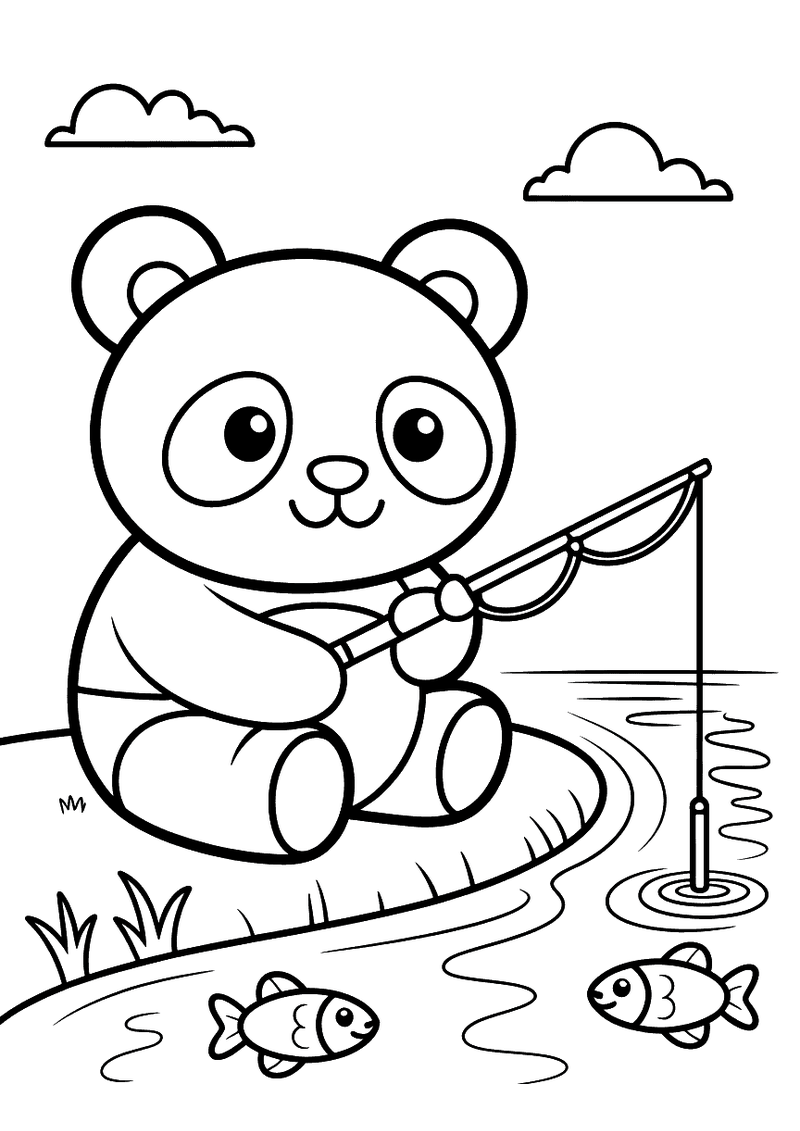 Kleurplaat van een panda die aan de rivieroever zit met een hengel in het water terwijl twee vissen onder de oppervlakte